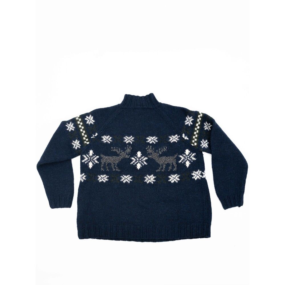 LL Bean Womens M Vintage Sweater Knit Blue With Gray Reindeer White Snowflakes